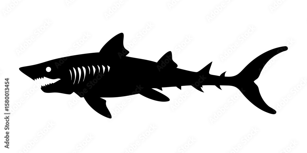 Obraz premium Skeleton Shark Silhouette Vector – Fierce Bone Structure Sea Monster Design