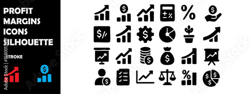 Profit Margins Icons Silhouette Vector Set — Revenue, Earnings and Business Profitability