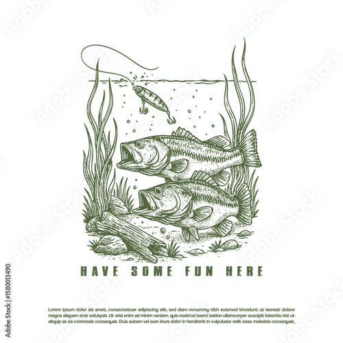 Vintage retro hand drawn fishing trout bait vector