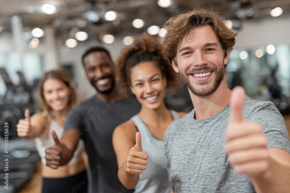 Obraz premium Diverse group gives thumbs up at the gym after exercising. Motivate your audience with health, fitness, and teamwork concept.