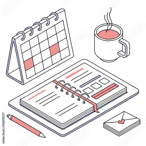 Isometric view of a desk calendar, open notebook, pen, envelope and a cup of coffee or tea scene