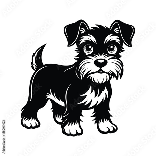 Black miniature schnauzer dog with fluffy fur and big eyes white silhouette