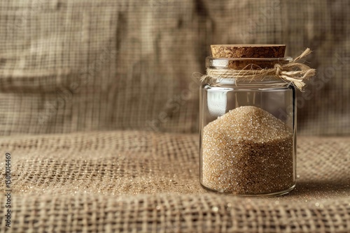 A glass jar filled with a light brown granular substance on a background textured with sand, Generative AI.