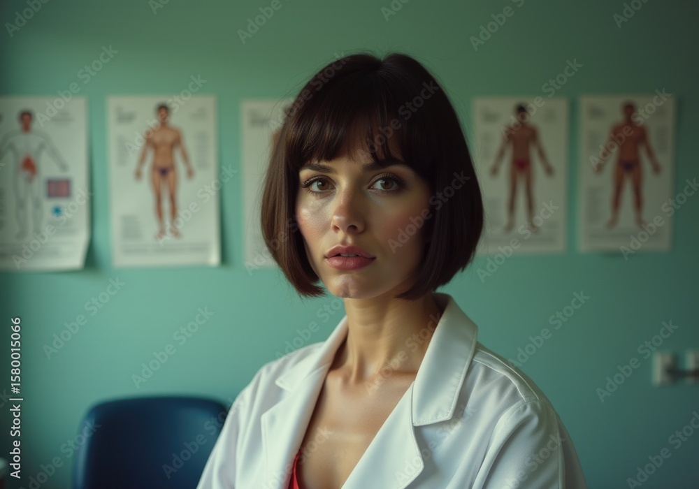 Fototapeta premium Young female doctor posing in her office with anatomical charts on the wall