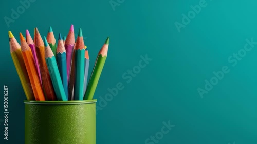 Vibrant Colored Pencils in Green Holder Against a Teal Background