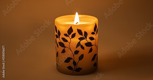 A lit cylindrical candle with a warm, inviting glow and black leaf designs on a beige background, Generative AI.