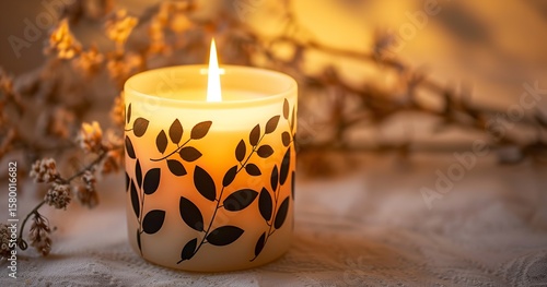 A lit cylindrical candle with a warm, inviting glow and black leaf designs on a beige background, Generative AI.