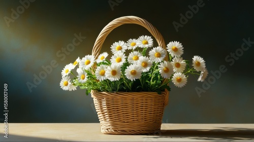 A serene scene with white daisies in a wicker basket under dappled light