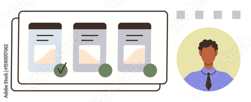 Dashboard interface featuring task options as cards, marked updates, validation icons, and a professional profile. Ideal for team management, task planning, decision-making, user interface