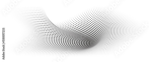 Flowing Wave Dot Halftone Pattern: Curve Gradient Shape on Transparent Background. Suitable for AI, Tech, Network, Digital, Science, and Technology Themes.