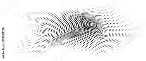 Flowing Wave Dot Halftone Pattern: Curve Gradient Shape on Transparent Background. Suitable for AI, Tech, Network, Digital, Science, and Technology Themes.