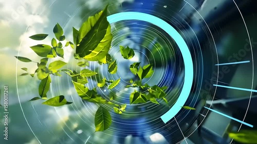Abstract visualization of green leaves swirling in a digital vortex, symbolizing nature and technology
