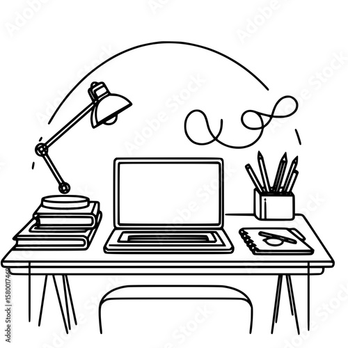 Simple workspace desk with laptop, books, and stationery items  , single line outline vector school