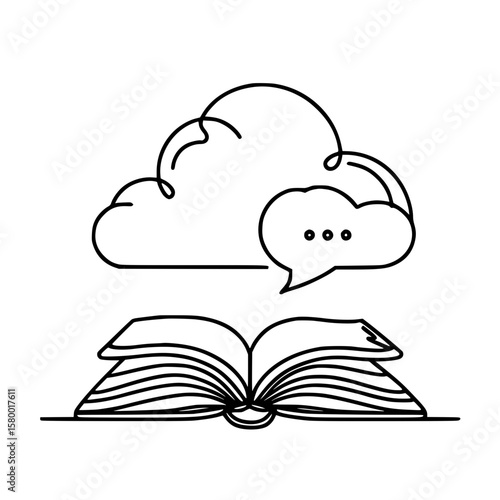 Open book with speech bubble and cloud concept of single line outline vector school  