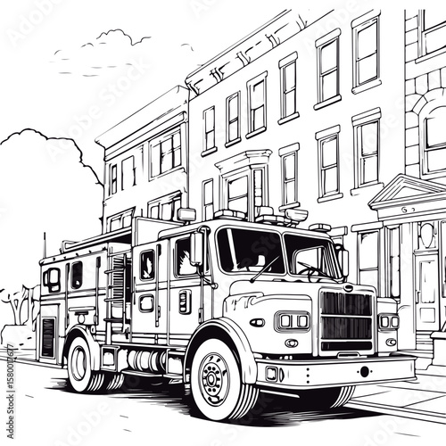 Coloring Page Of cartoon cute Fire Truck Coloring Book for kids.