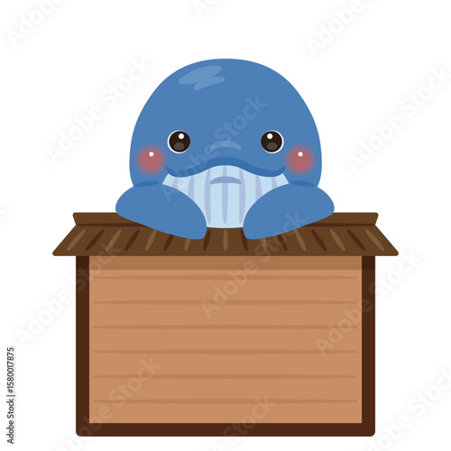 木製看板に乗ったクジラのキャラクターイラスト