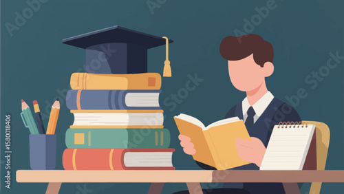 Student Reading a Book at a Study Desk Surrounded by Stacked Textbooks and