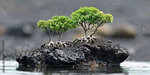 A miniature volcanic island on Black Rock with verdant trees, Generative AI.