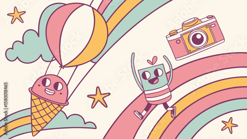 Abstract colorful background with playful birds and whimsical elements in vector style