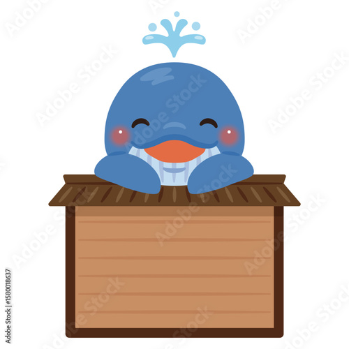 木製看板に乗った笑顔のクジラのキャラクターイラスト