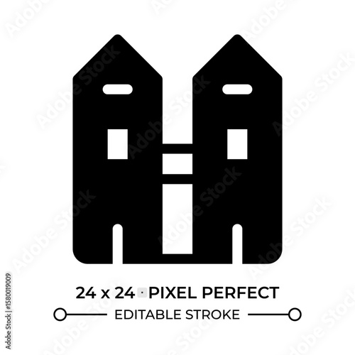 Duplex glyph ui icon. Urban apartments, housing. Real property, residence. Condominium, neighborhood. Black solid silhouette symbol vector. User interface element isolated, pixel perfect