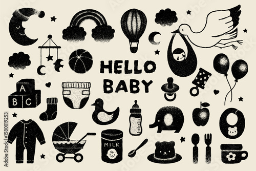 モノクロのベビー用品アイコンセット（手描き風・レトロテクスチャの育児素材）