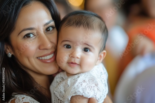 Hispanic woman holding family baby during gathering surrounded by other women celebrating new life and demonstrating importance of family bonds and cultural traditions