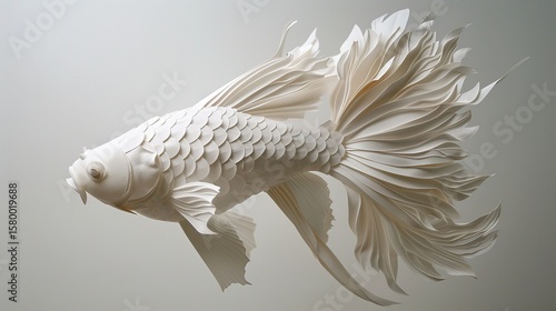 A sophisticated, finely detailed white paper sculpture of a fish, shown artistically on a plain background, Generative AI.