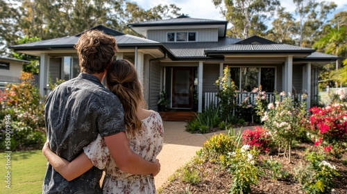 Couple embracing, looking at house with a lovely landscaped front yard. Visualize dreams of homeownership, financial success, and property investment.