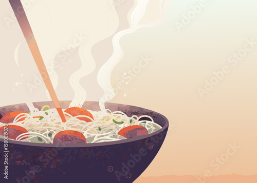 Steaming Bowl of Noodles with Vegetables and Herbs for Food Blogs, Cooking Websites, Asian Cuisine Menus, Recipe Sharing, and Culinary Education  