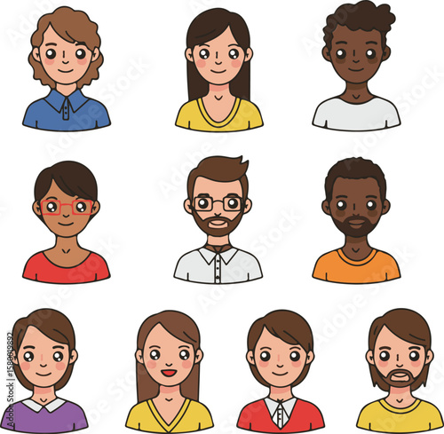Set of people faces, a collection of funny cartoon avatar vector icons, illustrating various characters with different hairstyles, perfect for business or family designs
