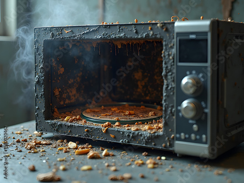 Rusted microwave interior covered with burnt debris and residual smoke haze on countertop portraying cleaning neglect
