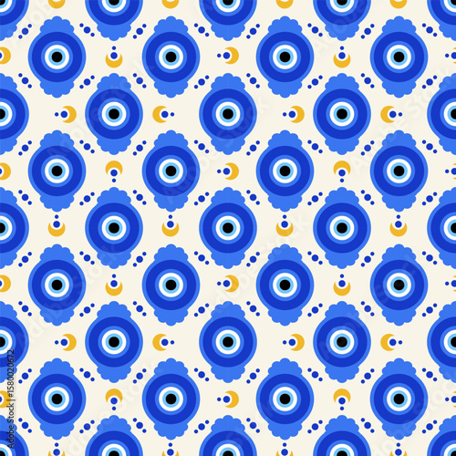Evil eye seamless background. Greek and Turkish blue bead. Vector magic pattern with ethnic nazar - symbol of protection and luck. Traditional ornament with energy amulet and spiritual Arabic talisman