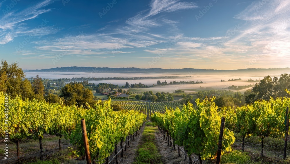 Fototapeta premium Panoramic vineyard vista at sunrise