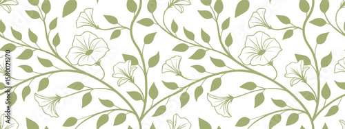 Seamless green floral pattern with outlined petunia-style flowers and leafy vines on a white background. Elegant botanical vector design ideal for fabric, wallpaper, and wrapping paper. 