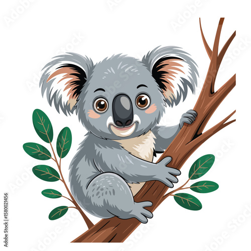 Cute cartoon koala sitting on a tree branch surrounded by eucalyptus leaves vector design 
