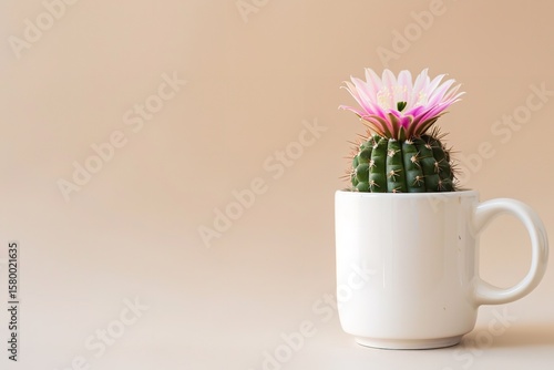 A tiny pink-flowered green cactus blossoms in a white coffee mug on a simple, bright background, Generative AI.