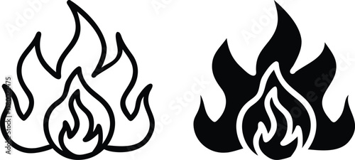 Flame Fire Icon Vector - Black and White Burning Heat Symbol Illustration