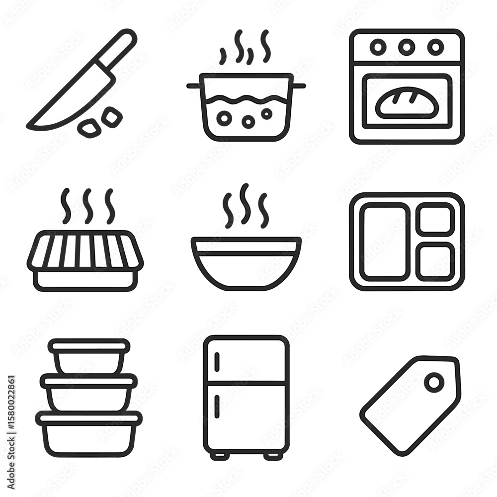 Obraz premium Boil vector prep bake icon chop containers store fridge bowl lines meal