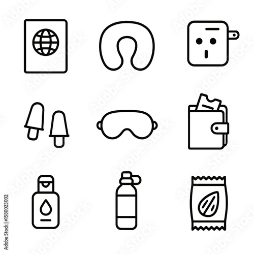 Sanitizer earplugs wallet icons icon essentials cover vector travel snacks sleep bottle