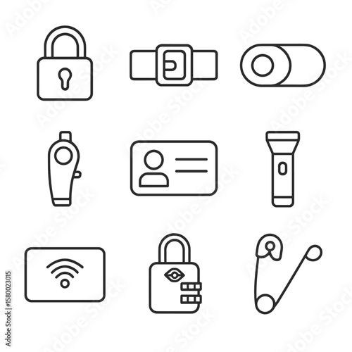 Vector safety travel card strap privacy lock whistle icon pin luggage