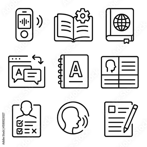 Vector form icon notebook chart translator tools recorder language dictionary icons audio