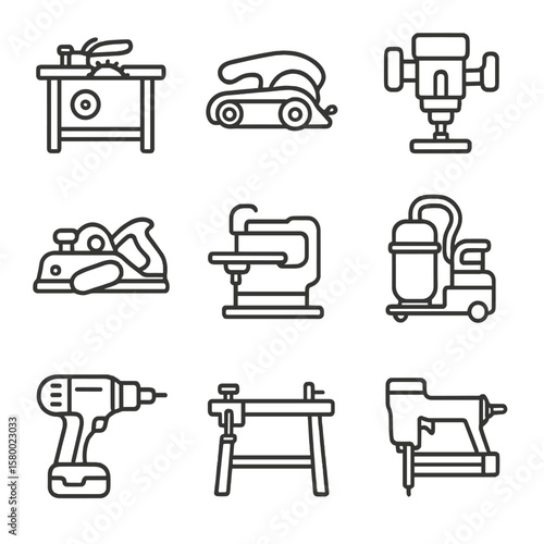 Dust tool extractor icons saw tools router sander woodworking drill vector icon