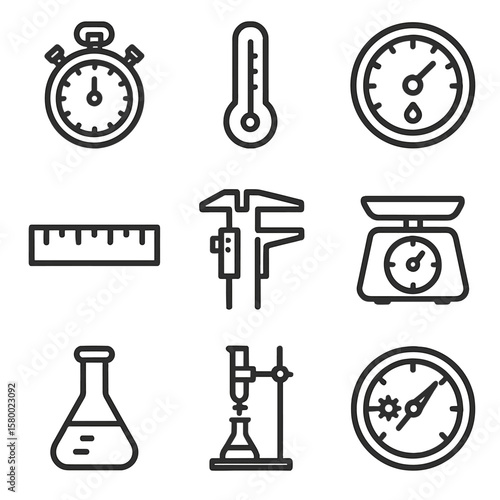 Vector flask caliper setup volumetric barometer lab ruler icon icons stopwatch scale