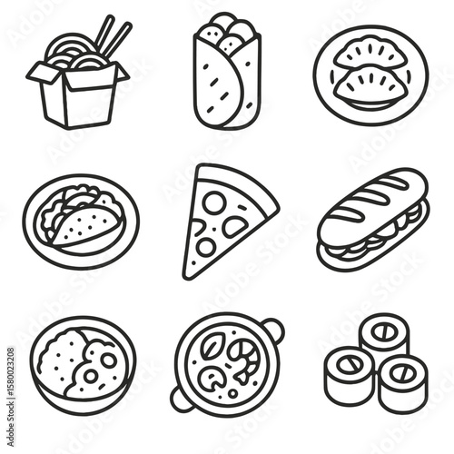 Roll meals wrap noodle icons icon curry paella pizza box vector dumplings