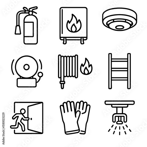 System icon hose emergency blanket fireproof sprinkler icons vector alarm fire safety