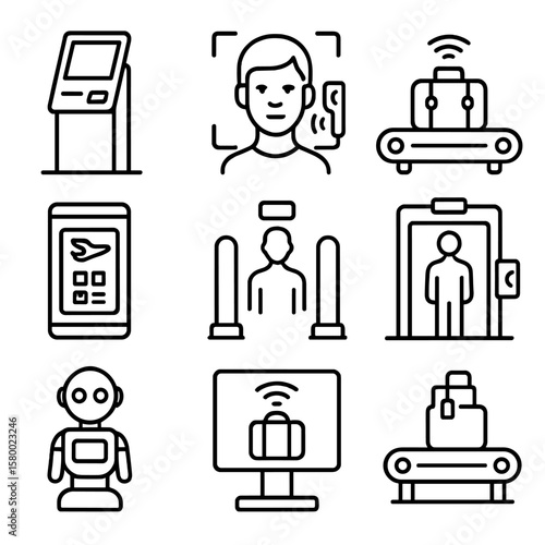 Digital vector assistant tech icon screen kiosk airport luggage smart scanner facial