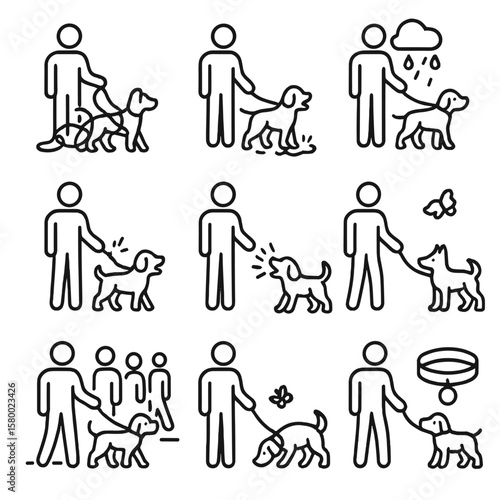 Walking vector challenges stray paws collar leash broken barking dog distracted icon