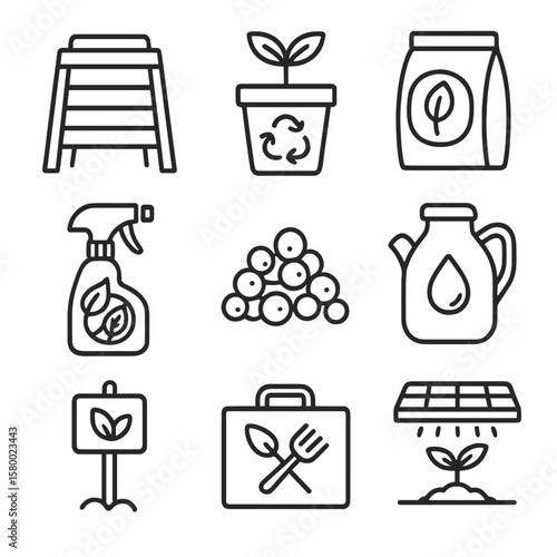 Sustainable icon garden label pellets organic icons compost pest bin bag vector