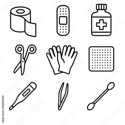 Adhesive scissors roll icon cotton icons aid bandage gauze vector bottle tweezers